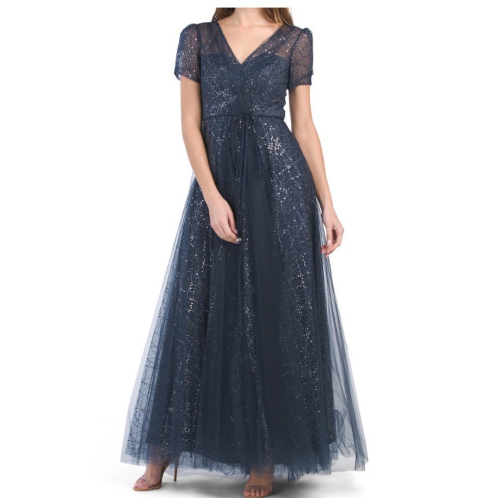 NWT $528 CARMEN MARC VALVO Sequin Glitter Mesh Ball Gown size6
